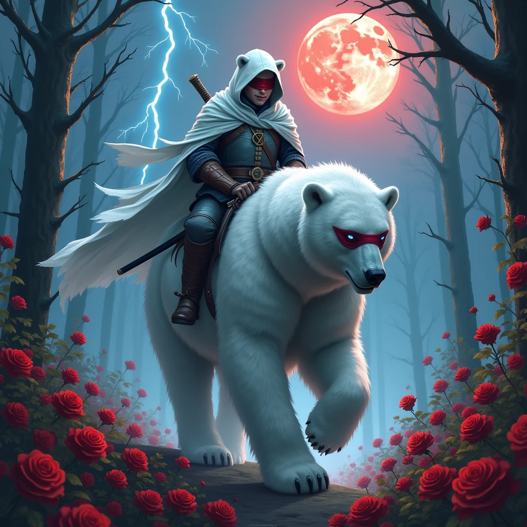 Godlike, in it a male knight with a white hood with bear ears and a katana at his back is riding a polar bear in a forest while the moon shines, many Roses cover the ground and lightning falls from the sky. Only the man wears a red blindfold. The polar bear has shining blue eyes. In the background of the picture is the blood moon.