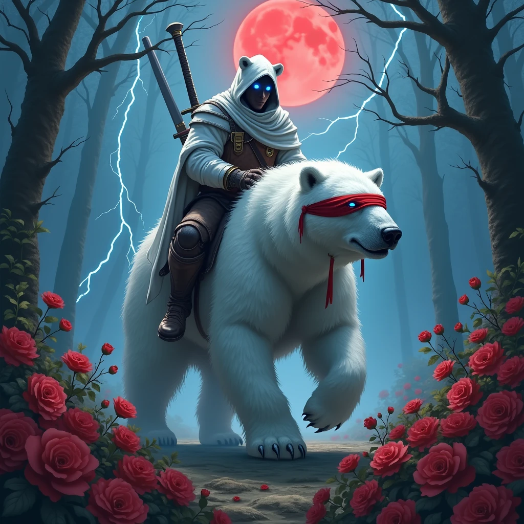 Godlike, in it a male knight with a white hood with bear ears and a katana at his back is riding a polar bear in a forest while the moon shines, many Roses cover the ground and lightning falls from the sky. Only the man wears a red blindfold. The polar bear has shining blue eyes. In the background of the picture is the blood moon.