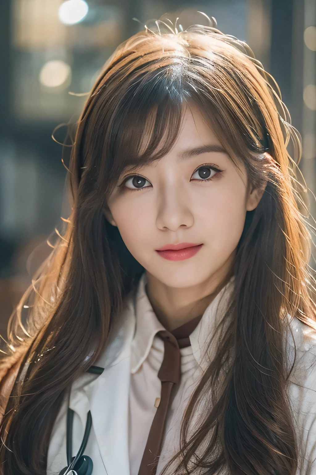 long Brond Hair、straight haired、Bright brown eyes、infp young woman、physician、cute little、Innocence、Photorealsitic、lensflare、looking at the viewers、shinny skin、Uniforms、intricate-detail、​masterpiece、top-quality、cinematric light、hight resolution、A detailed eye、detailed facial features