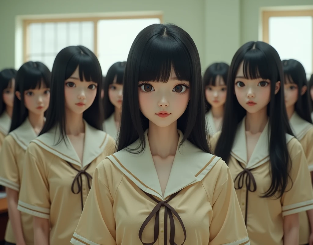 (Japanese Clone-girls=Myself), (Super Best masterpiece Clone-girls Raw Photography Art), (16K, Highest quality, Ultra-high resolution, RAW Photos), (It's so unrealistic., With unparalleled depiction, With an unfathomable sight, An unprecedented and shocking worldview, Clone-girls: In a world of mass reproduction, Ultra-realistic depiction), (Japanese Girls, Hamabe-Minami, 18yo), (Small face, Thick black hair, long hair, Dark Eyes, Mature face, Cute Smile, Smiling face, A gentle gaze), (Very pleasant look), (Very beautiful and detailed girl, Accurate body structure, Accurate body movements, Very detailed body), (Super big breasts, Large bulge of ample breasts), (High school girl's summer clothes, Short sleeve, Emphasise the fullness of your breasts), (Very detailed, Myself cloning, Depiction of splitting oneself, 1Myself girl→1,000,000,000,000,000,000,000,000,000,000Myself cloning girls), (Myself clone girlsは, With the same perfect appearance, to multiply in large numbers), (Very detailed depiction, Myself's multiplying female body, In the same female body,With the same face, With the same hairstyle, In the same clothes, At the same height, 同じSuper big breastsで, A completely indistinguishable female body, 1,000,000,000,000,000,000,000,000,000,000 people), (Myself girls only), (1,000,000,000,000,000,000,000,000,000,000Myself girls), Japanese Classroom, Scenes from class, Bright lighting, Peaceful atmosphere, Talk to Myself, wide view, Snapshot depiction, You can shoot your subject from anywhere, The subject doesn't have to be front and center
