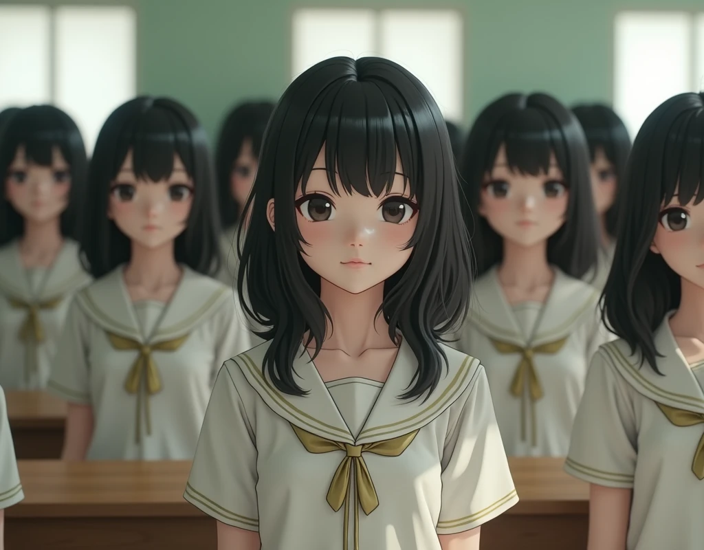 (Japanese Clone-girls=Myself), (Super Best masterpiece Clone-girls Raw Photography Art), (16K, Highest quality, Ultra-high resolution, RAW Photos), (It&#39;s so unrealistic., With unparalleled depiction, With an unfathomable sight, An unprecedented and shocking worldview, Clone-girls: In a world of mass reproduction, Ultra-realistic depiction), (Japanese Girls, Hamabe-Minami, 18yo), (Small face, Thick black hair, long hair, Dark Eyes, Mature face, Cute Smile, Smiling face, A gentle gaze), (Very pleasant look), (Very beautiful and detailed girl, Accurate body structure, Accurate body movements, Very detailed body), (Super big breasts, Large bulge of ample breasts), (High school girl&#39;s summer clothes, Short sleeve, Emphasise the fullness of your breasts), (Very detailed, Myself cloning, Depiction of splitting oneself, 1Myself girl→1,000,000,000,000,000,000,000,000,000,000Myself cloning girls), (Myself clone girlsは, With the same perfect appearance, to multiply in large numbers), (Very detailed depiction, Myself&#39;s multiplying female body, In the same female body,With the same face, With the same hairstyle, In the same clothes, At the same height, 同じSuper big breastsで, A completely indistinguishable female body, 1,000,000,000,000,000,000,000,000,000,000 people), (Myself girls only), (1,000,000,000,000,000,000,000,000,000,000Myself girls), Japanese Classroom, Scenes from class, Bright lighting, Peaceful atmosphere, Talk to Myself, wide view, Snapshot depiction, You can shoot your subject from anywhere, The subject doesn&#39;t have to be front and center