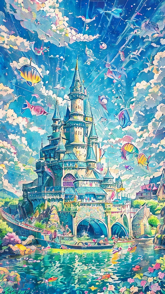 Illustrations drawn with colored pencils、Soft and gentle touch、A large school of colorful small fish、fly in the sky、Floating Castle