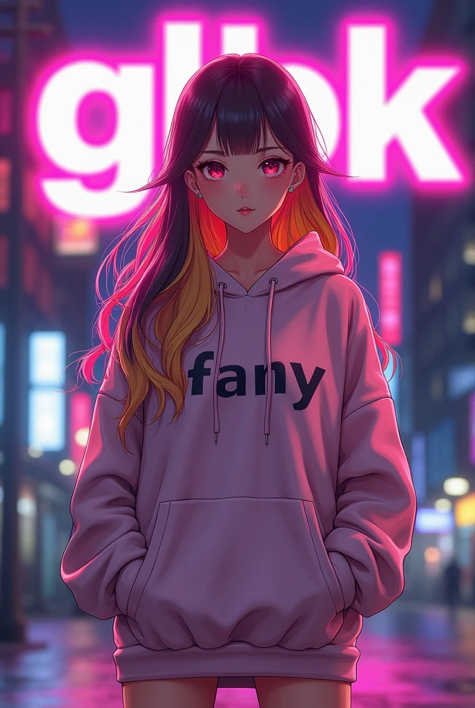 Create anime character;
{background: capital HD text: “GLBK” in center-top, night}, tanned skin,
realistic, HDR, beautiful, korean style, full body, age 20, hoodie HD text: “Fany”, female, graduent yellow and pink hair, long hair, medium boobs size