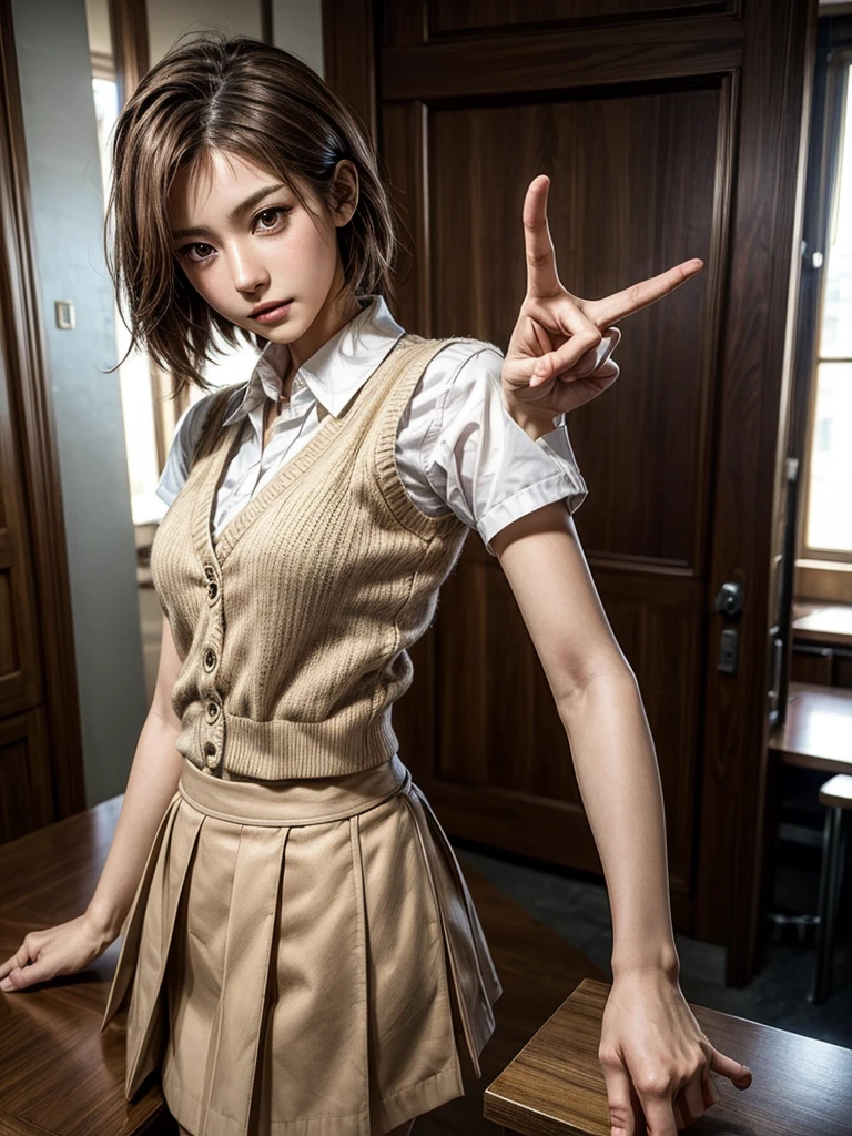 Masterpiece, Top Quality, Top Mikoto, brown eyes, short hair, small breasts, looking at viewer, alone, closed mouth, collared shirt, beige knit vest, dark blue Skirt, school_uniform, shirt, white_shirt, classroom,Masterpiece, highest quality, 8K, detailed skin texture, fine cloth texture, beautiful detailed face, intricate details, super detailed,cute,cute posing,composition that shows the whole body, brown hair,Pointing a finger like a gun, aiming straight ahead, gun hand sign, detailed finger
