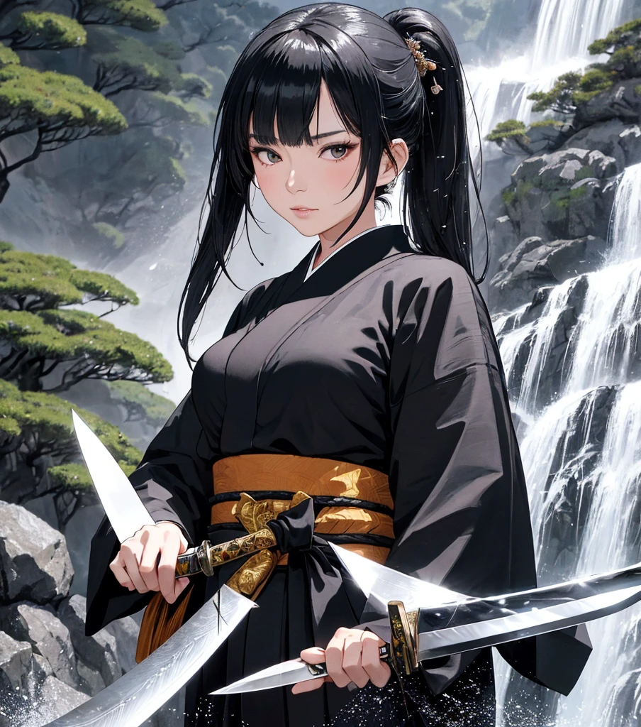 1 Woman Standing, (Holding Japanese sword), (Black kimono) (Black Hakama),  bangs, Cool look, (A light smile:0.5), Dignified, (Masterpiece Top quality:1.2) Delicate illustrations, super detailed, medium breasts break (Holding (knife:1.2)), (The blade glitters), (Holding sword sheath) break (Sacred Rocks) Outdoor, waterfall, Japan, noon, Detailed background twin tails, 