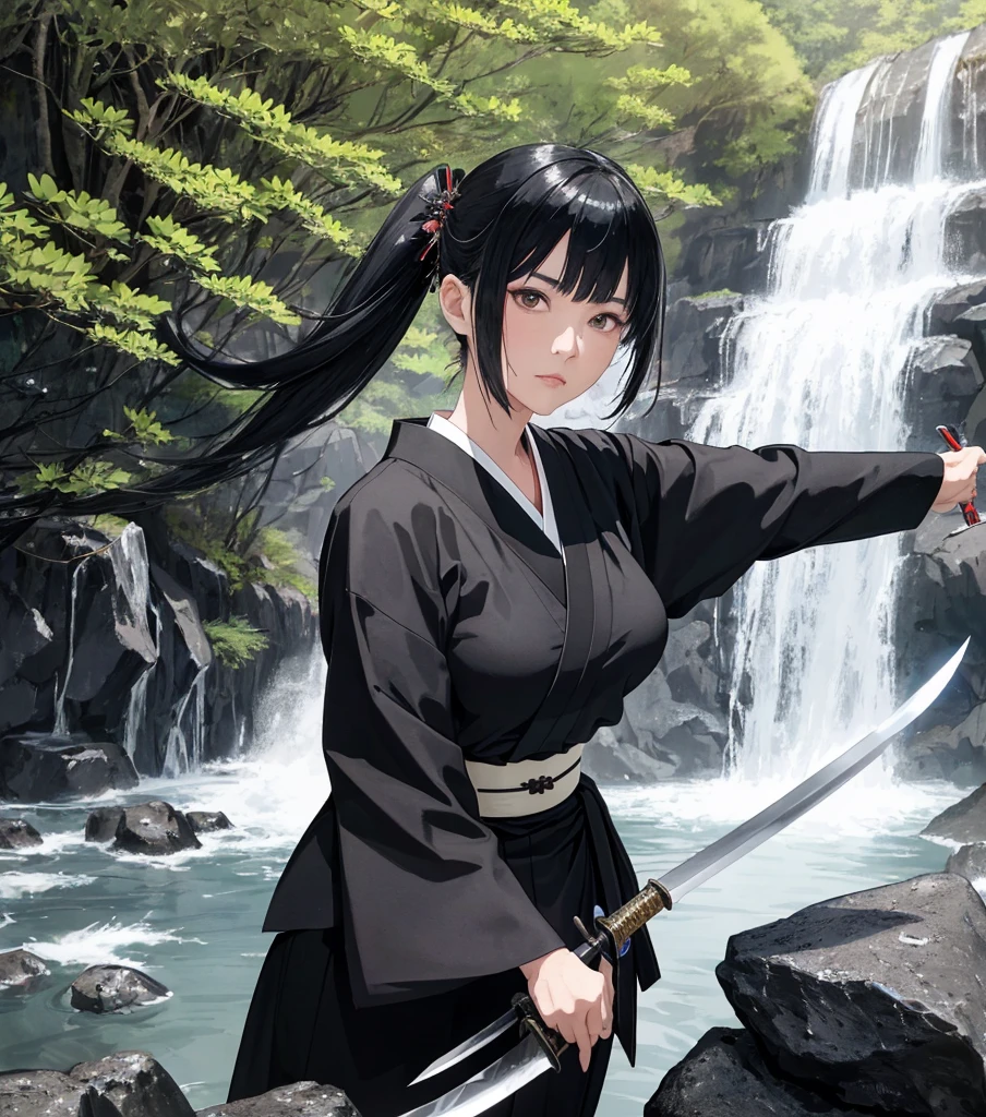 1 Woman Standing, (Holding Japanese sword), (Black kimono) (Black Hakama), bangs, Cool look, (A light smile:0.5), Dignified, (Masterpiece Top quality:1.2) Delicate illustrations, super detailed, medium breasts break (Holding (knife:1.2)), (The blade glitters), (Holding sword sheath) break (Sacred Rocks) Outdoor, waterfall, Japan, noon, Detailed background twin tails,