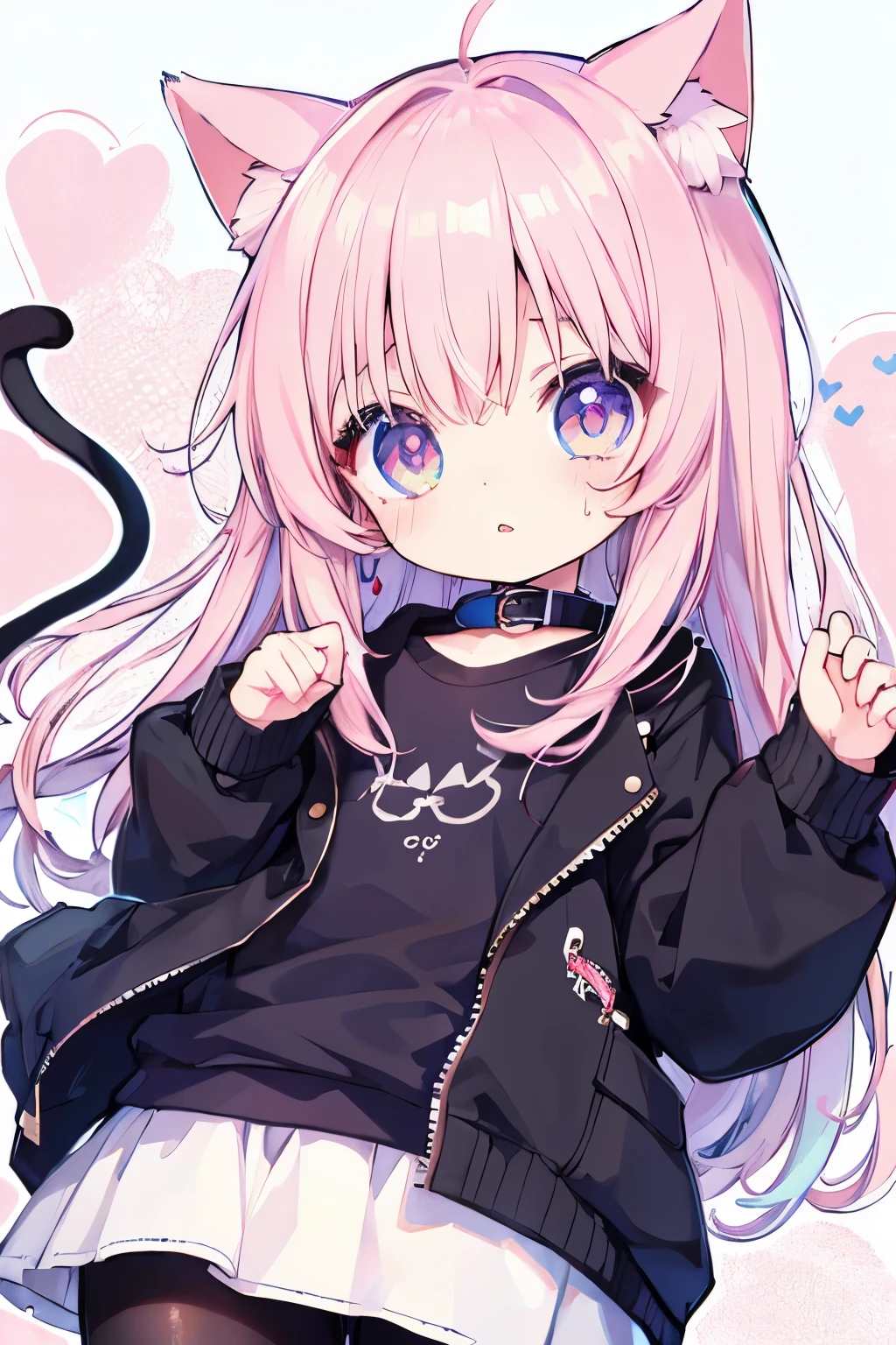 Light pink hair、Oversized jacket、hot pants、Putting on a collar、Elementary school girl、Very beautiful and Shining Eyes、Shining Eyes、1 person、Cat ear、(((((Small body)))))、heart❤、((Sweat、vapor)）