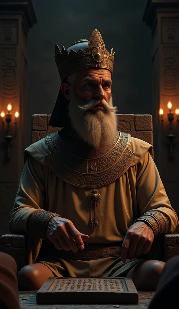 Close-up shot, Low angle shot, (King Hammurabi, shown in deep thought, sits on a grand stone throne in a dimly lit chamber, surrounded by advisors. His expression is determined as he points to a massive stone slab with ancient cuneiform script being carved into it by a skilled scribe. The room is adorned with torches flickering on the walls, casting dramatic shadows, and the atmosphere is filled with a sense of importance and solemnity.) unreal engine, 35mm lens, cinematic, highly detailed, hyper-realistic, ultra-realistic HD --q 2 --v 6.1 --ar 9:16  