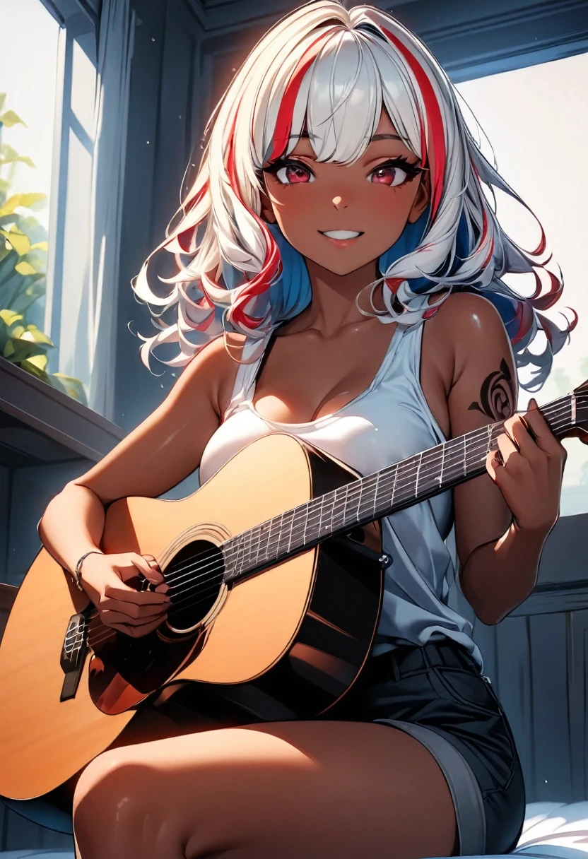 (highest quality:1.2, Very detailed, up to date, Vibrant, Ultra-high resolution, High Contrast, masterpiece:1.2, highest quality, Best aesthetics), Portraiture、girl、singer, solo, ((25-years-old:1)), Bright colors, Beautiful fine details、Beautiful lip detail、medium wave hair、red and white ((streaked hair:1.6)), highlights hair: 1.5, red eyes, slim body, medium breast, (tan skin:1.1), (Floral Fineline tattoo design on left arm:1), tank top, shorts, sitting on bed, bright her room, huge windows, singing, playing acoustic guitar, smile, (upper body:1)