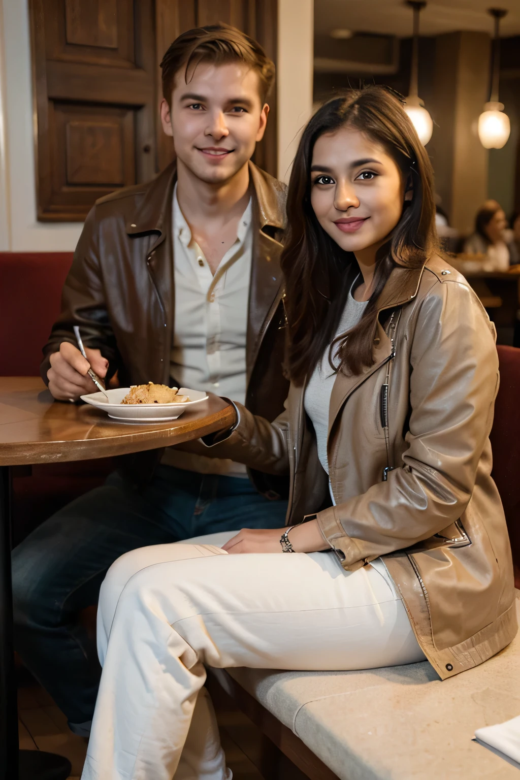 ((best quality)), ((masterpiece)), (detailed), a 2 beautiful Indian girl with long hair smiling face beautiful eyes wearing a brown leather jacket and jeans pant sitting beside chair of a British white young man wearing suit coat pant dress in a restaurant with a British foreign white person together in a restaurant dinner 