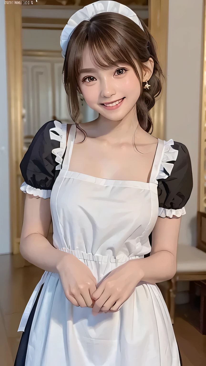 (Highest quality, DSLR photo, 8k, highest quality, high resolution, highest quality, highest resolution, very beautiful woman, perfect anatomy), light brown eyes, very light brown eyes, small diamond-shaped earrings, looking directly at the camera, beautiful brown hair, ((babyface, loosely cute medium ponytail)), very short and beautiful bangs on brown hair, E-cup breasts, showing beautiful décolletage, very beautiful 20-year-old, lip gloss, smiling very happily, very cute smile, upper teeth, beautiful teeth, ((elegant mansion interior (background only)), slightly larger eyes, small face, tall supermodel, beautifully shaped model, random cute gravure photo poses, dynamic angle, eye focus, head tilt, very detailed and realistic, very beautiful 20-year-old, ((medium shot)), sharp jawline, ((cosplay of a black maid outfit with a white apron featuring a white prim)), deep waistline, sexy legs, side view, smiling very happily, laughing, summer daytime.