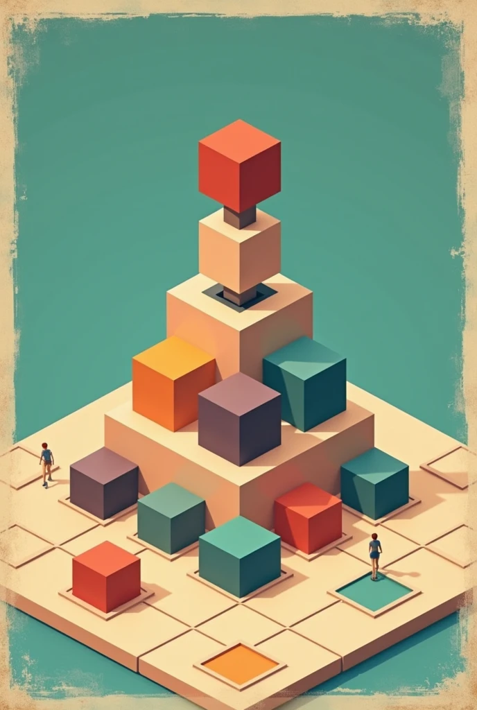 Make me a board game that is played by square and has to go up like a pyramid, where the pieces of each player, which are 4, are simple and have a style like the games of the 80s.
