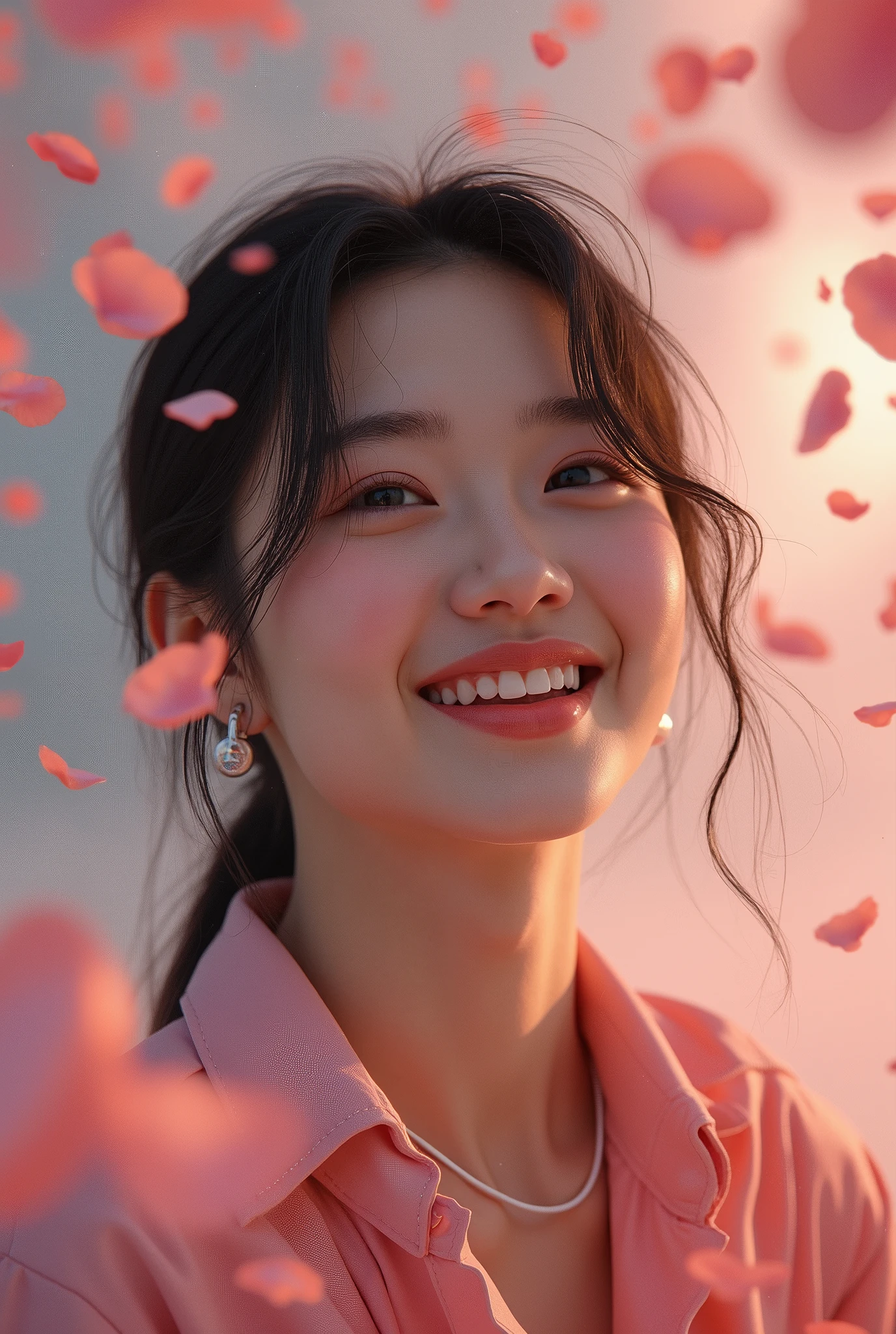 One person、High resolution、smile、High resolution、masterpiece、Anatomically correct、Person Portrait、backgroundのぼかし、Super Real Photo、High resolution、Dramatic image、Korean futuristic casual fashion、dynamic、The shot is taken from a slightly higher angle.、Capture the whole subject、
background:Gorgeous petals fly