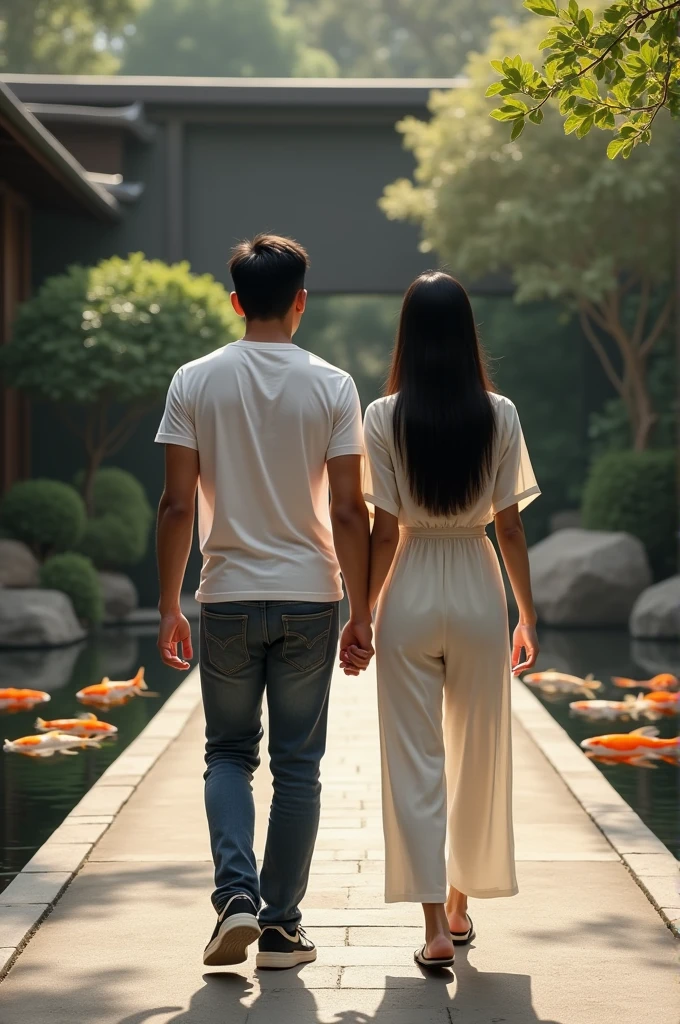 photorealistic, taken with the best professional camera, facing the camera, tall athletic Mexican young man, shoulder length hair, and beautiful young Asian woman, her hair is very straight and long ( they wear simple casual clothing), walking in a zen garden, pond with coy fish
