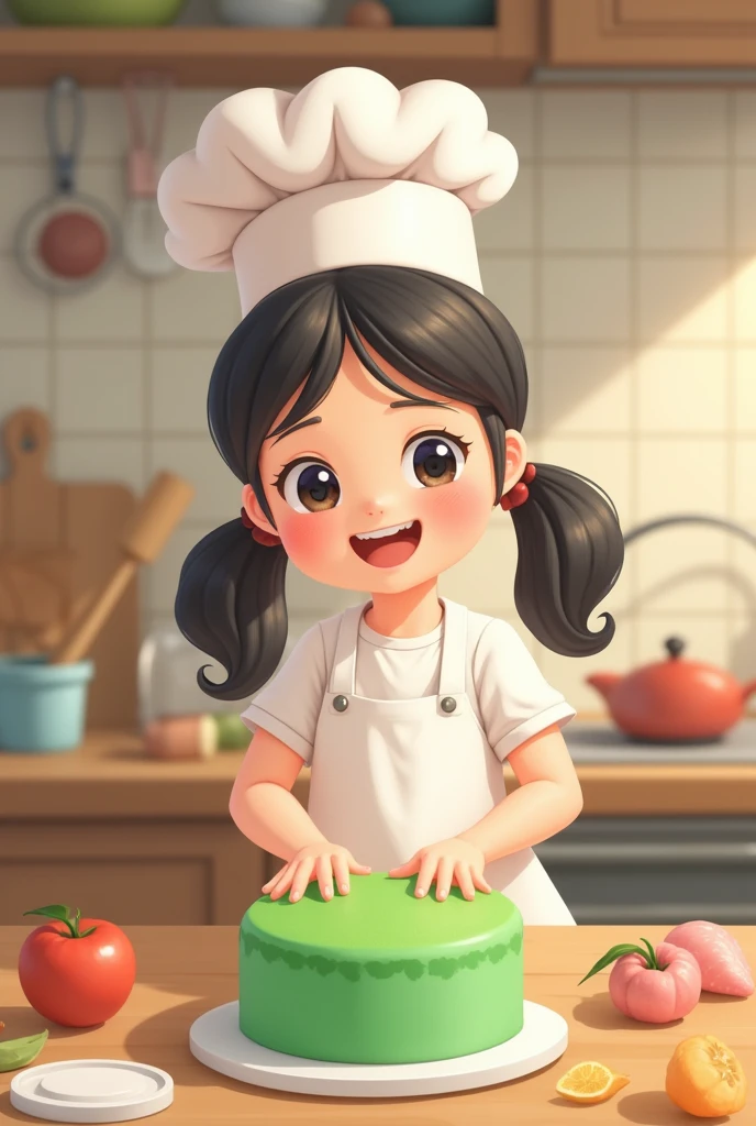 A girl make a land phone green
colour simple one layer cake.she wear the chef hat