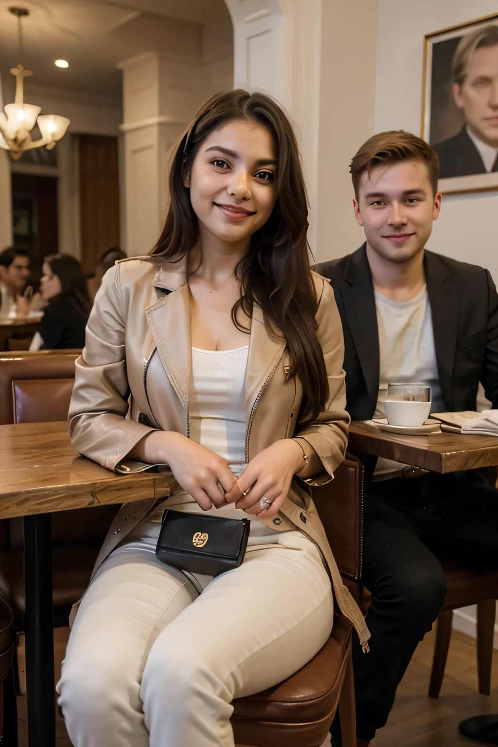 ((best quality)), ((masterpiece)), (detailed), a 2 beautiful Indian girl with long hair smiling face beautiful eyes wearing a brown leather jacket and jeans pant sitting beside chair of a British white young man wearing suit coat pant dress in a restaurant with a British foreign white person together in a restaurant dinner