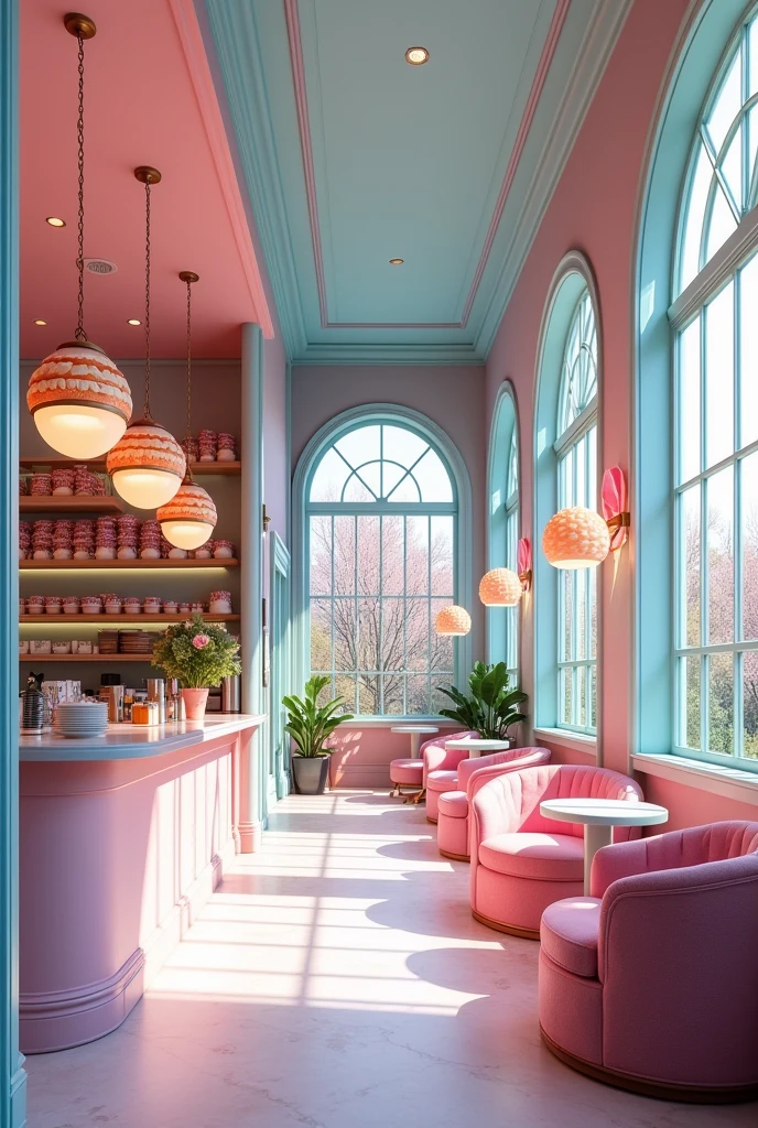 A huge pink and blue bakery with a leisure and study space, show more