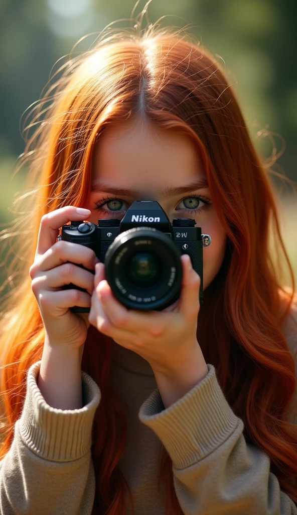 Girl ((12 years)) ((Whole body)), long dark red hair, (parts:1.0), clear skin, light gray eyes, Nikon Z 50 Full Angle Shooting