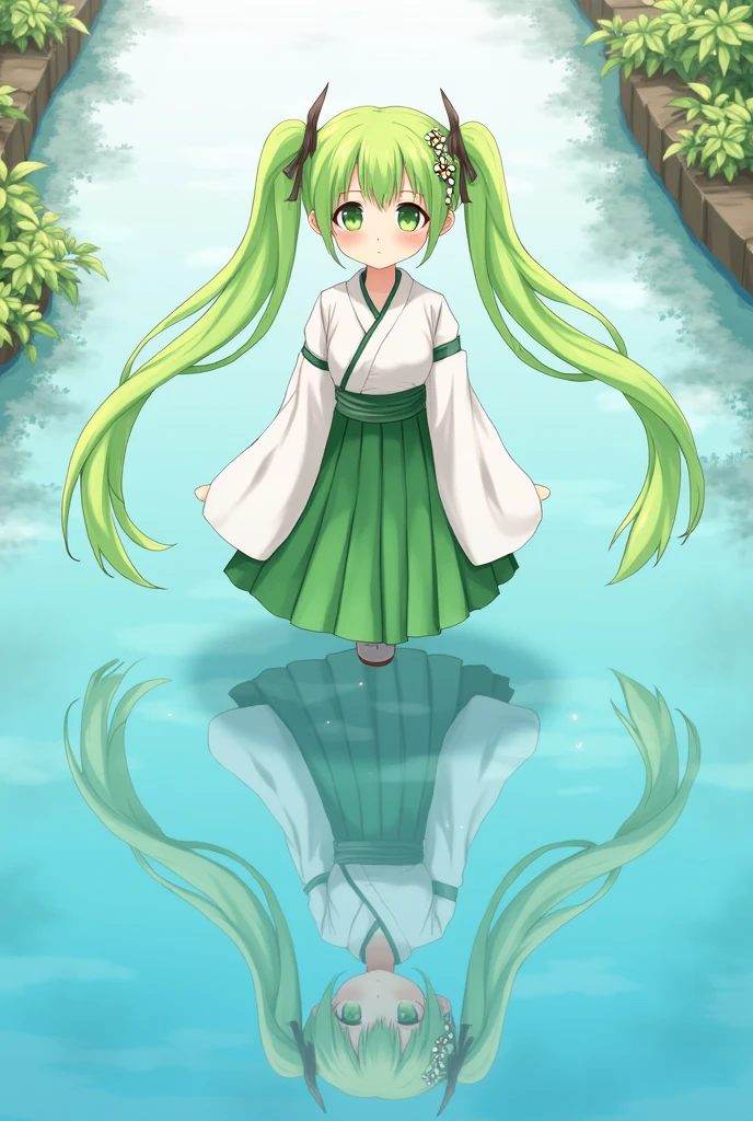 1 girl, standing alone, hair ornament, hair green, twintails, long hair, don, water