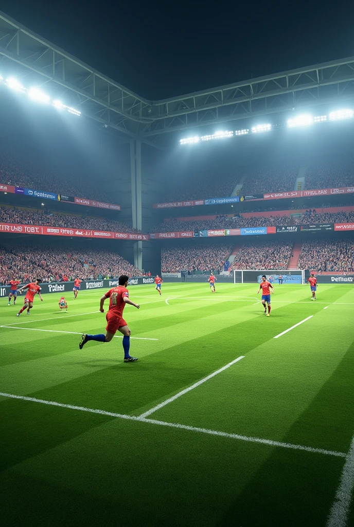 Create for me a realistic indoor soccer field image with fans 