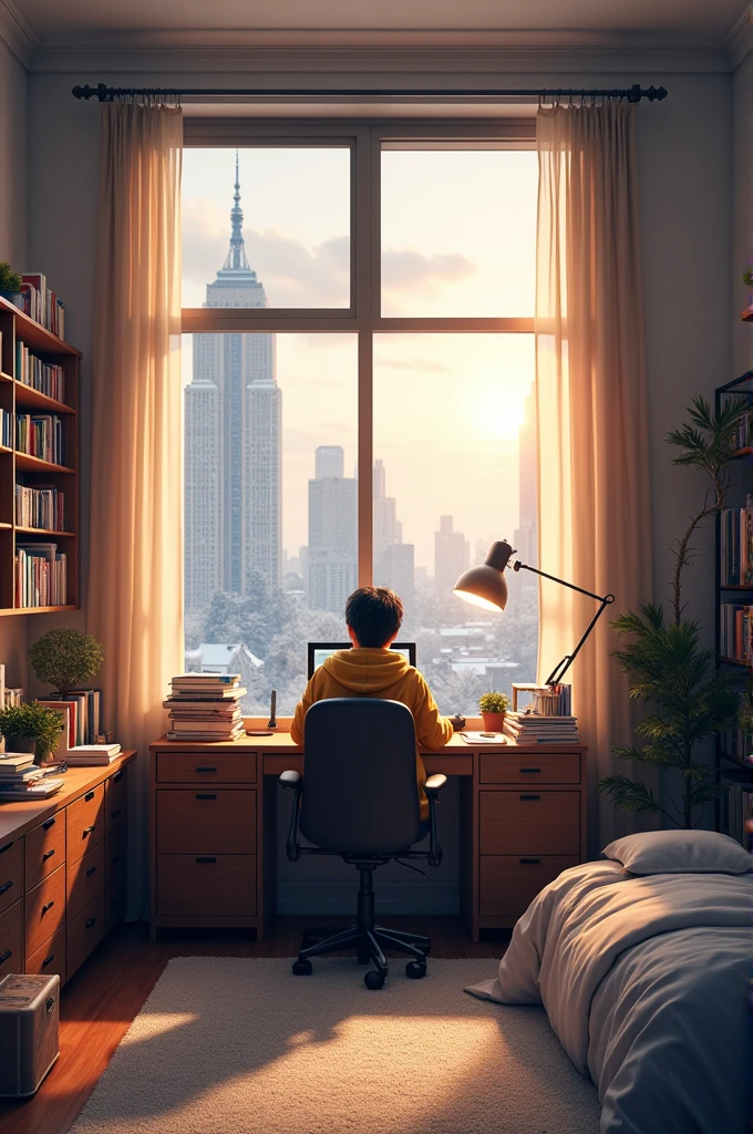 Super high bedroom apartment pov of desk laptop studying books and bedroom and weather snowy but a little sunyy