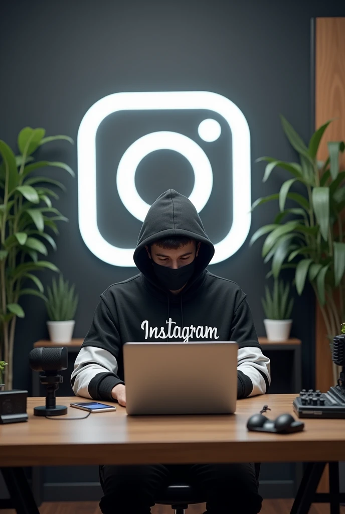 Create a image of 25 year boy 3D sitting infront of computer desk with laptop and microphone wearing mask and Black and white hoodie with a large Instagram logo on the wall potted plants on either side and various recording equipments