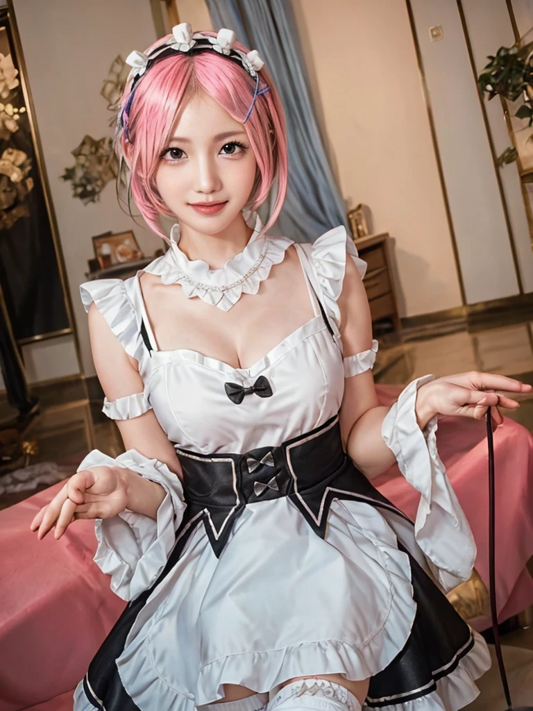 (8K, Photorealistic, Raw photo, of the highest quality: 1.3), (1girl in), Super beautiful, (Realistic face), (boyish, light blue Color Berry Shorthair),(8K, Photorealistic, Raw photo, of the highest quality: 1.3), (1girl in), Super beautiful, (Realistic face), (boyish, pink Color Berry Shorthair), Beautiful , Glare that captivates the viewer, Beautiful expression, Beautiful breasts, (Realistic skin), Be...Create a detailed and colorful image of Ram and Rem from Re:Zero, standing back-to-back in their maid outfits, with a magical fantasy background、14years old, two girls,cute, perfect face, beautiful, nice body, gothic ta clothes, gothic loliashion, frilly skirt, headdress, necklace, bracelet, knee-high socks, boots, double eyelids, tear bags, Detailed down to the fingers, photo-like description, indoors, dim indoor lighting, one girl is pink hair and short bob, another girl is light blue hair and short bob,standing, whole body, composition that shows the whole body, smiling,The Both of them are wearing the same type of maid outfit,detailed finger