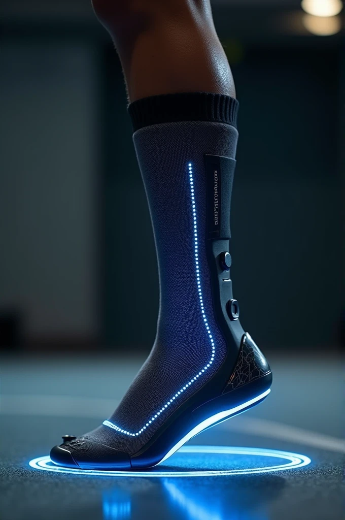 Create a Sock with These Functions 1 Sock Design: material: Made from a stretchy, durable fabric, similar to a sports equipment, that offers support and comfort. Cores e LEDs: The sock may have LEDs embedded along its length, with colors that can change or light up in specific patterns, the LEDs can be incorporated into strips or dots along the sock, 2Skip Function: Reinforcement Mechanism: There could be small compression modules or spring technology integrated into the sole or ankle of the sock to help increase heel height.. Motion Sensor: Built-in sensors to detect when the person is about to jump and adjust the assistance automatically Somersault function: Stabilization Technology: The sock may contain technology to help maintain balance during mid-air maneuvers, such as gyroscopes or accelerometers. Additional Support: Additional structures or sensors to help turn and land smoothly and with Recharging and control Battery small, discreet compartments for rechargeable batteries, possibly on the top of the sock or on the ankle Control a control system perhaps via app to adjust the LED settings and the jump and somersault functions