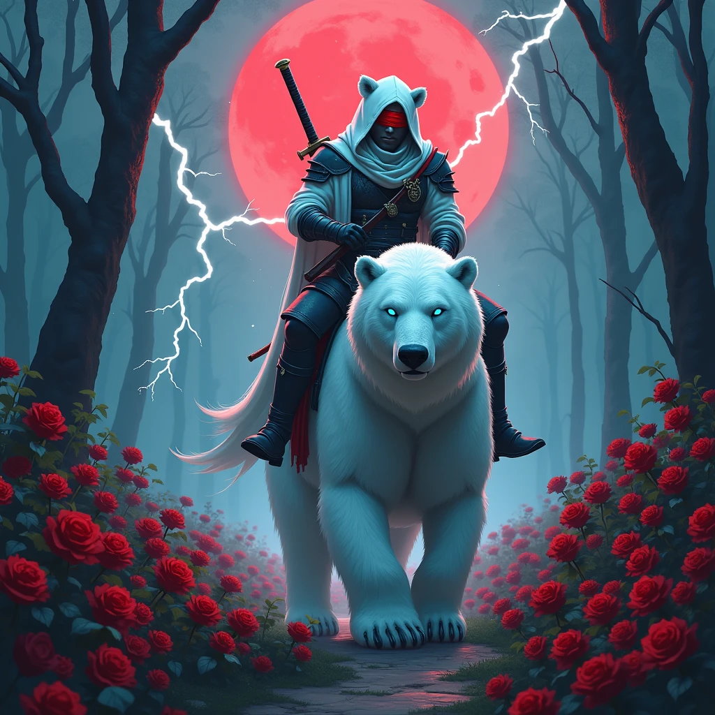 Godlike, in it a male knight with a white hood with bear ears and a katana at his back is riding a polar bear in a forest while the moon shines, many Roses cover the ground and lightning falls from the sky. Only the man wears a red blindfold. The polar bear has shining blue eyes. In the background of the picture is the blood moon.