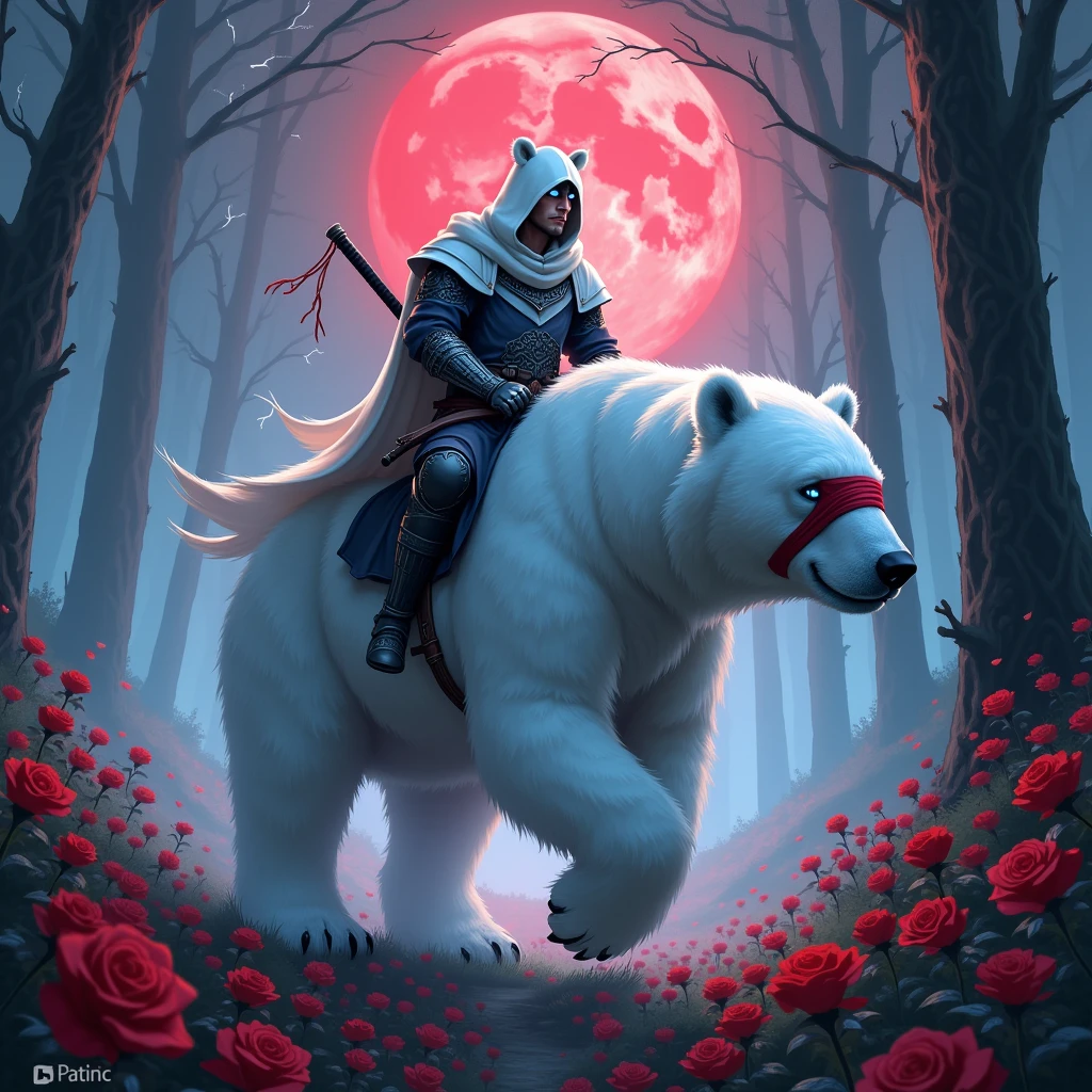Godlike, in it a male knight with a white hood with bear ears and a katana at his back is riding a polar bear in a forest while the moon shines, many Roses cover the ground and lightning falls from the sky. Only the man wears a red blindfold. The polar bear has shining blue eyes. In the background of the picture is the blood moon.