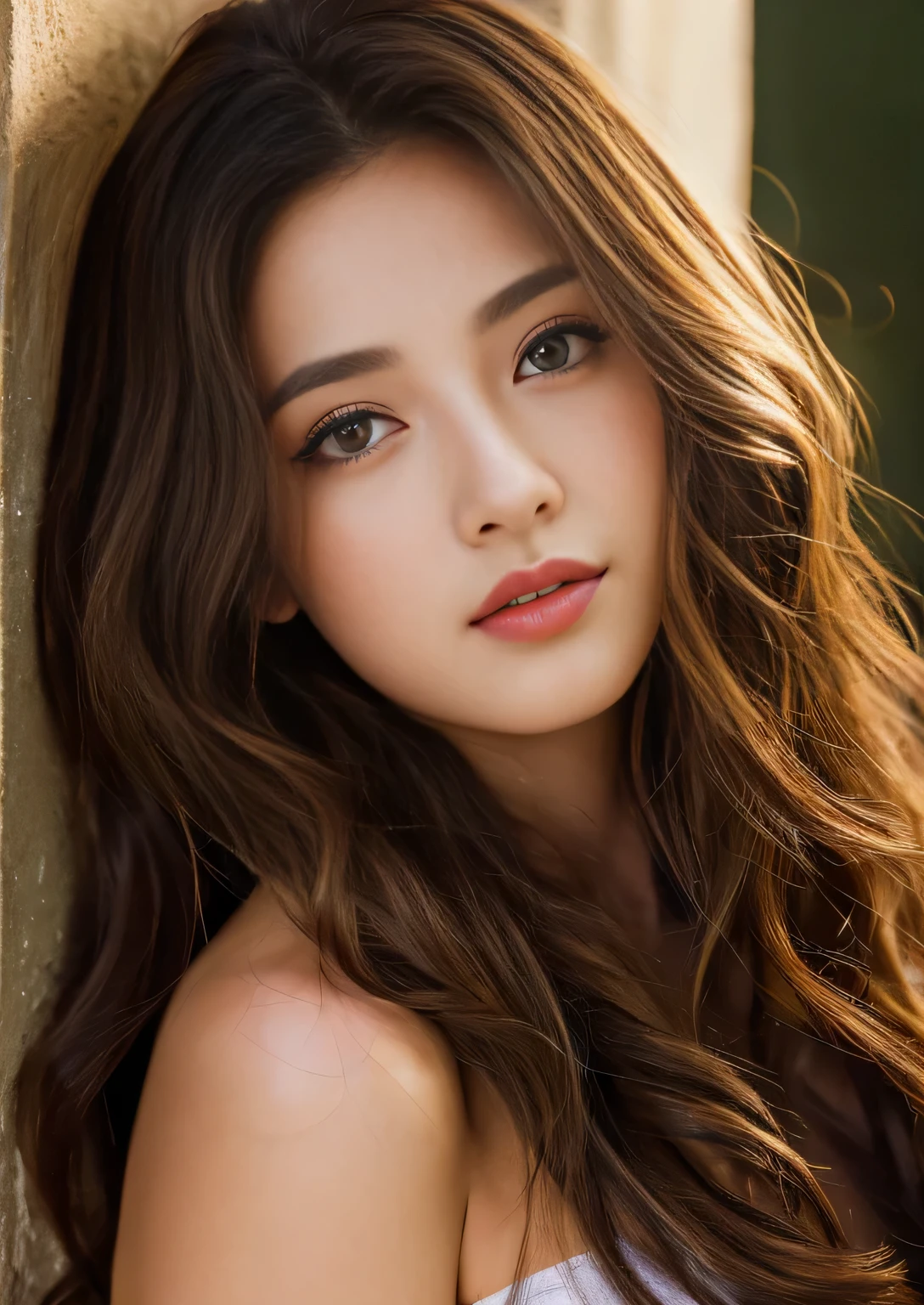 highest quality, masterpiece, ultra high resolution, (realistic:1.5), RAW photo, 1 girl, off shoulder, in the dark, deep shadow, discreet key, sexy look, Branded long hair、curly hair、Looking at the camera、rainbow colored eyes、