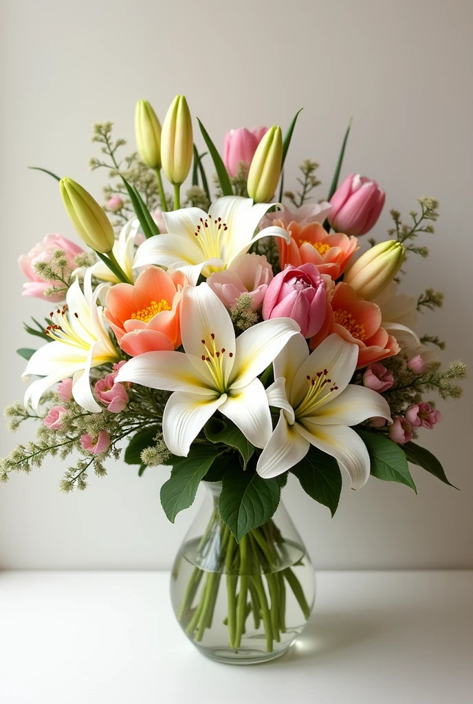 a bouquet including the following flowers: gardênias, jasmins manga, lilies and tulips, without sunflower
