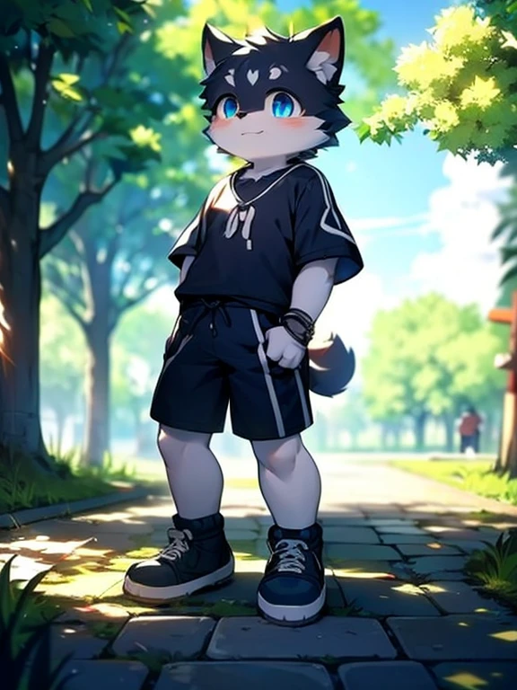 Black fur, Wolf animals, hairy,cub,male,((Big blue eyes,Watery)),((Black clothes,Commoner),Black sports shorts with white trim,White socks)),(Black sneakers,Red laces,The left hand wears the watch),((Deep in the Park,Cobblestone Road,Alone)),evening,((detail)),(Depth of Field),stand up,full-body shot