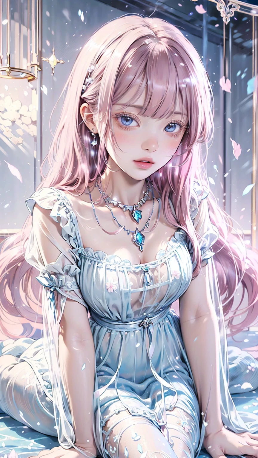 ((best quality)), ((masterpiece)), ((Romance Fantasy)), ((illustration)), (detailed), (clear), (Perfect), 1 woman, mature, pure, expressionless, long pink hair, With bangs, blue eyes, abundant eyelashes, Deep double eyelids, pretty lips, big bust, small waist, white see-through dress, Diamond necklace, Sitting on the floor, marble floor, Scattered petals