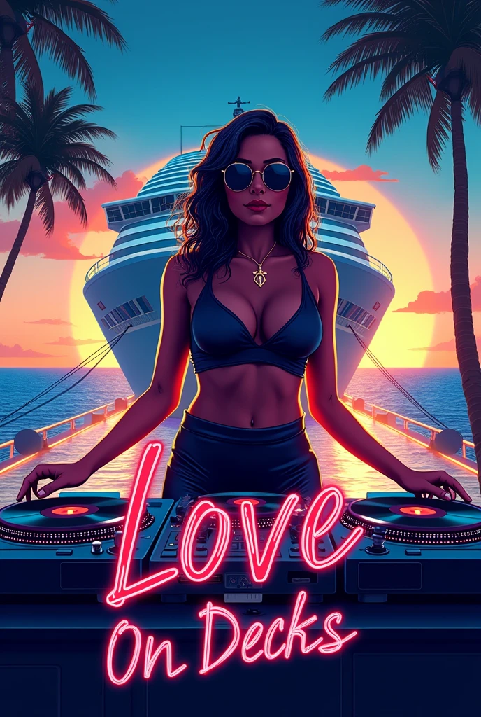 I need an Artwork as a poster for a Club event which is called LOVE ON DECKS, the name is a pun including the cruise ship and the DJ turn tables 