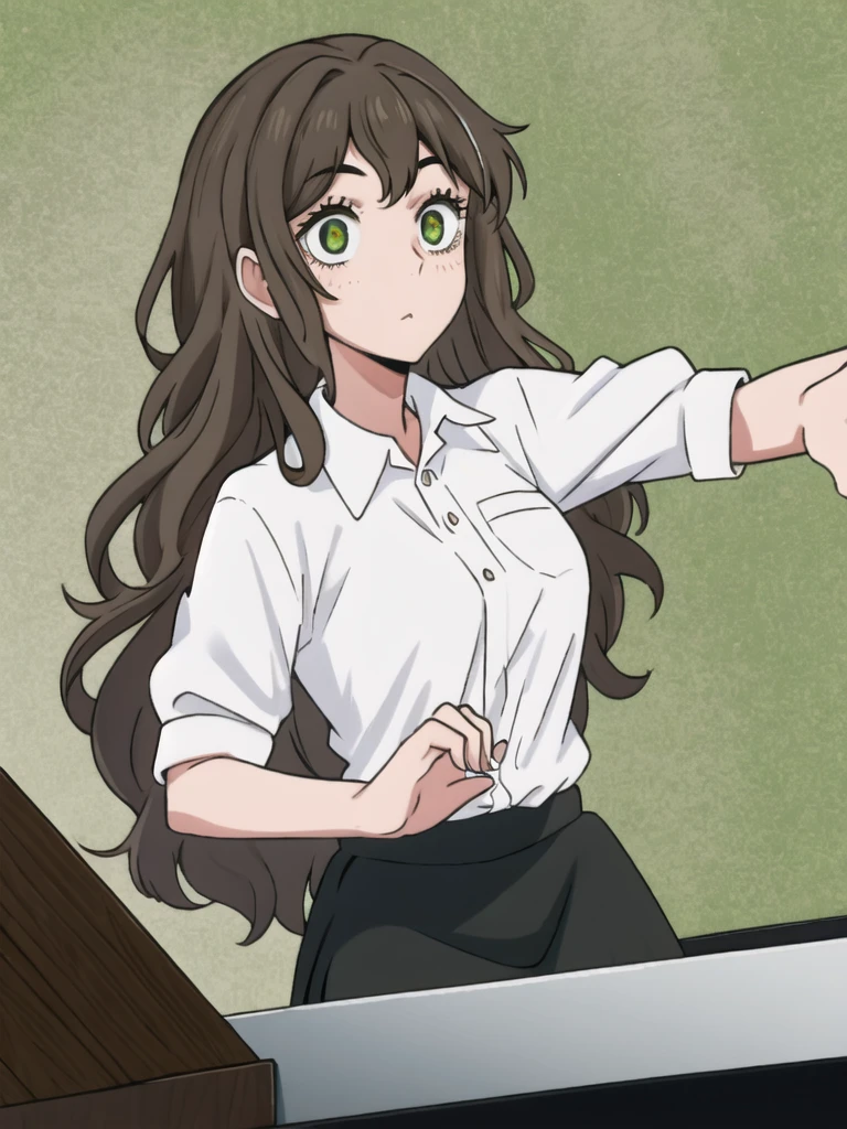 a girl with long curly hair , green eye , black skirt , white shirt ,no bangs brown white hair 