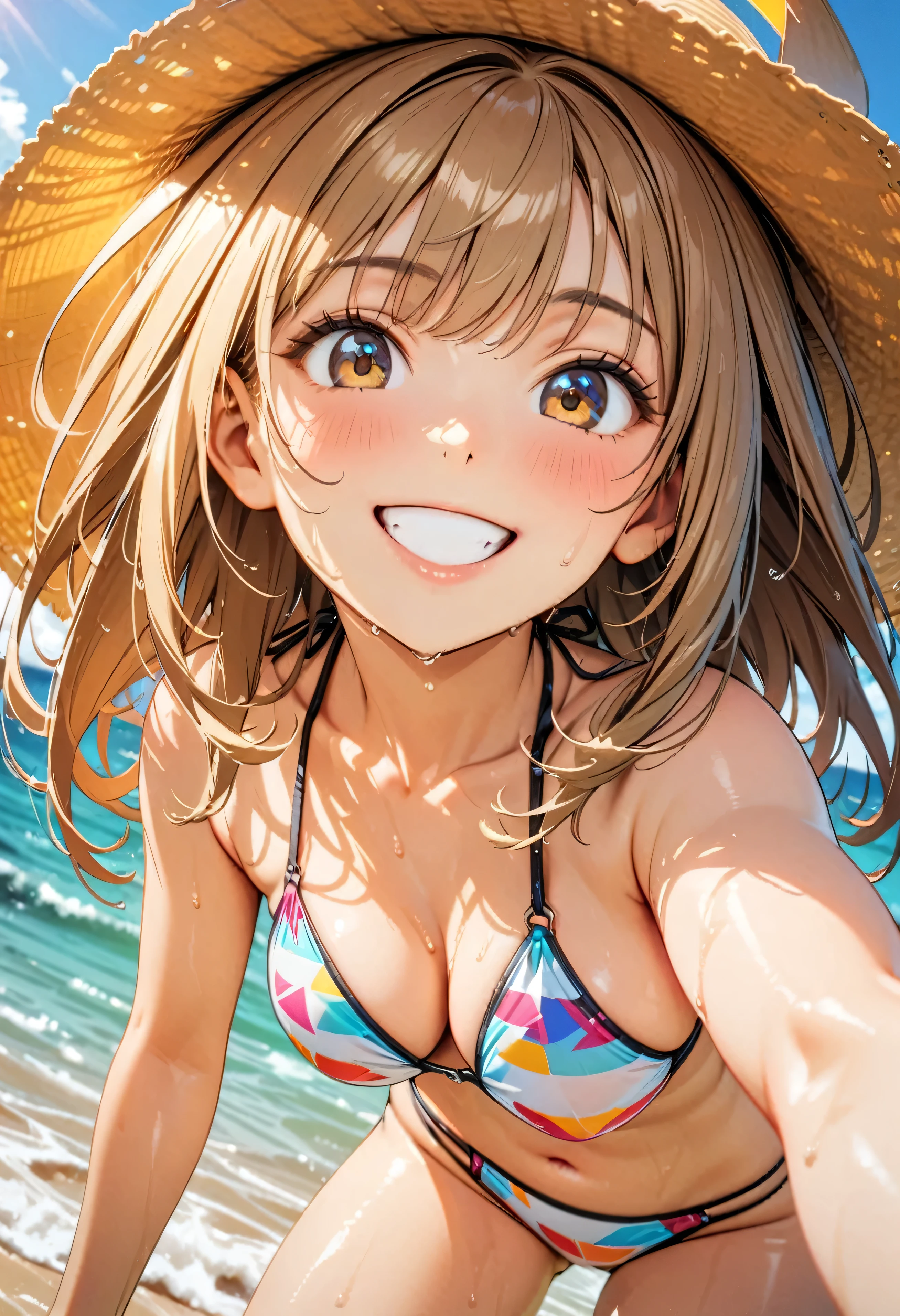 (Highest quality:1.2, Very detailed, Latest, Vibrant, masterpiece:1.2, Highest quality, Best aesthetics), smile, ((Face Up Shot:1.4)), 1980s style, 8K Ultra HD, Background Blur, smile, One Woman, Woman in bikini, Strong sunlight, Seaside, sunny, Summer sunshine, Wet Skin, Sandy Beach, Dynamic Angle, Get excited