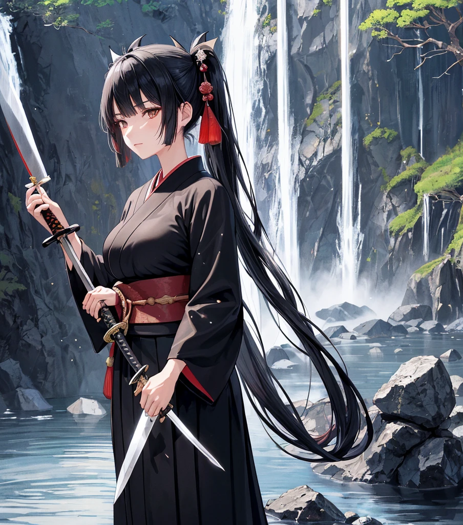 1 Woman Standing, (Holding Japanese sword), (Black kimono) (Black Hakama),  bangs, Cool look, (A light smile:0.5), Dignified, (Masterpiece Top quality:1.2) Delicate illustrations, super detailed, medium breasts break (Holding (knife:1.2)), (The blade glitters), (Holding sword sheath) break (Sacred Rocks) Outdoor, waterfall, Japan, noon, Detailed Background、Twin tails, 