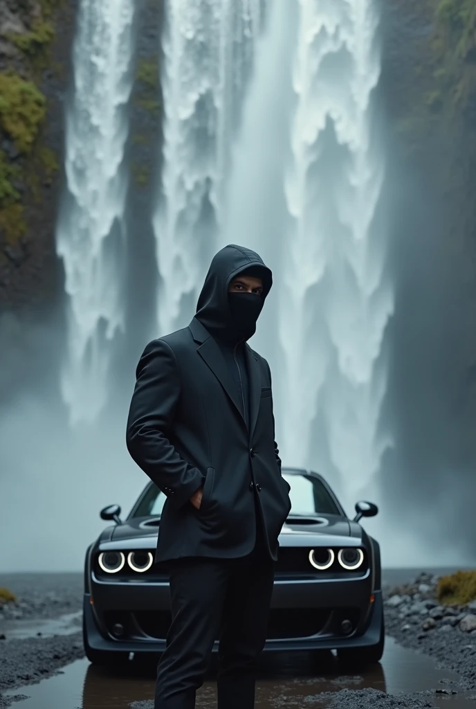 A alone face covered man with a Dodge
challenger car near waterfall