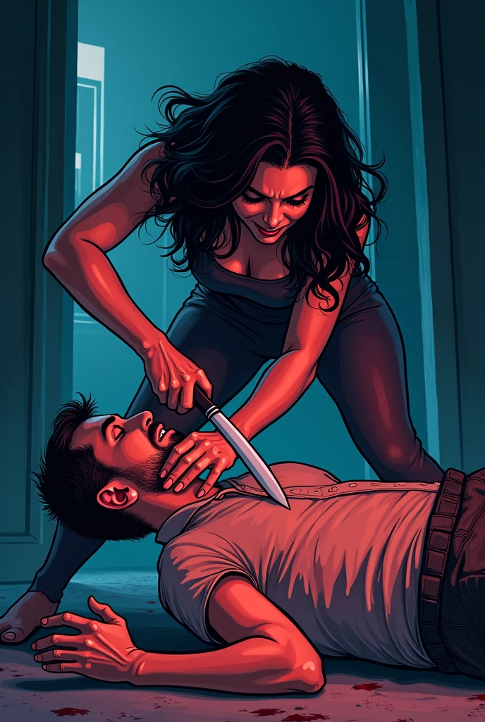 Make a cartoon drawing of a woman stabbing a man in the back

