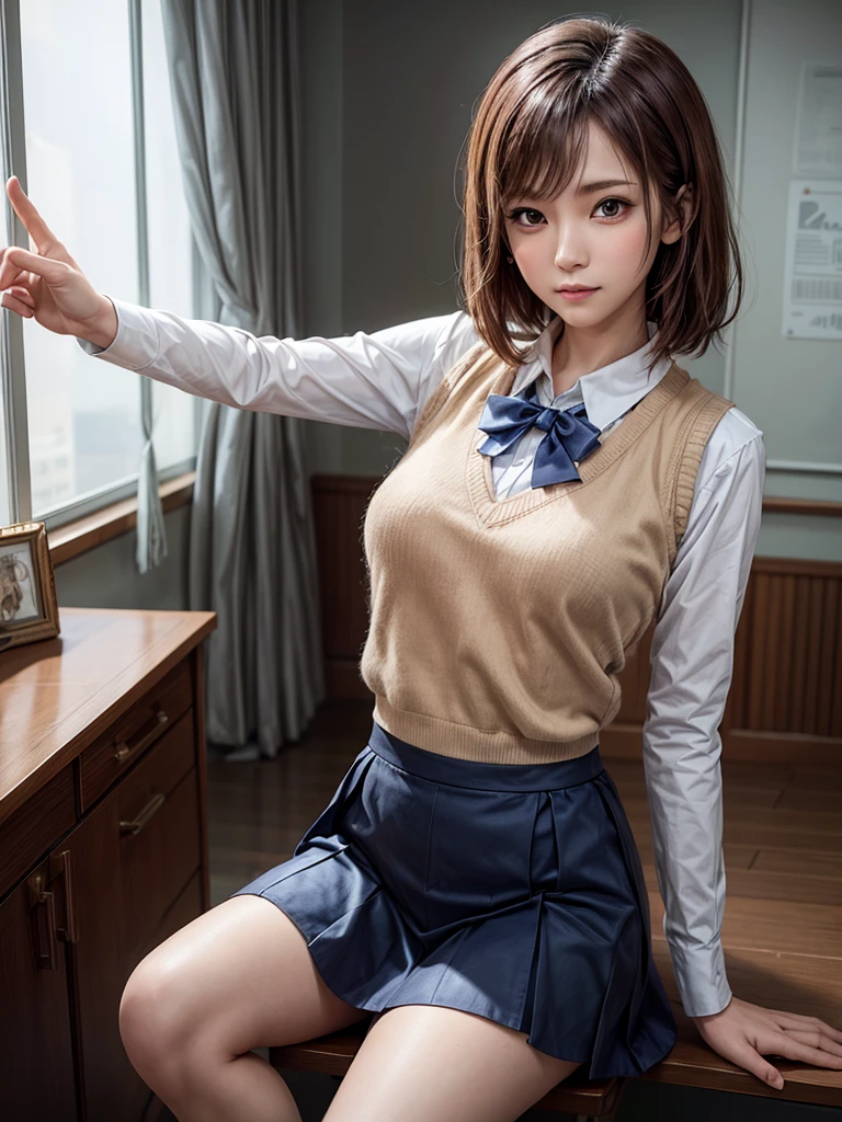 Masterpiece, Top Quality, Top Mikoto, brown eyes, short hair, small breasts, looking at viewer, alone, closed mouth, collared shirt, beige knit vest, dark blue  Skirt, school_uniform, shirt, white_shirt, classroom,Masterpiece, highest quality, 8K, detailed skin texture, fine cloth texture, beautiful detailed face, intricate details, super detailed,cute,cute posing,composition that shows the whole body, brown hair,Pointing a finger like a gun, aiming straight ahead, detailed finger