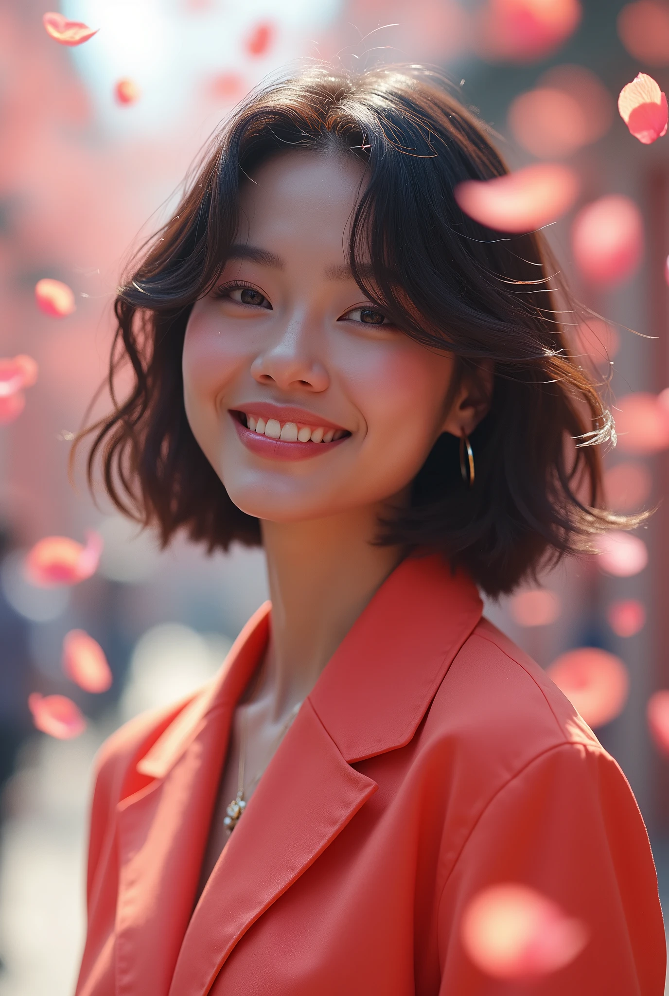One person、High resolution、smile、High resolution、masterpiece、Anatomically correct、Person Portrait、backgroundのぼかし、Super Real Photo、High resolution、Dramatic image、Korean futuristic casual fashion、dynamic、The shot is taken from a slightly higher angle.、Capture the whole subject、
background:Gorgeous petals fly