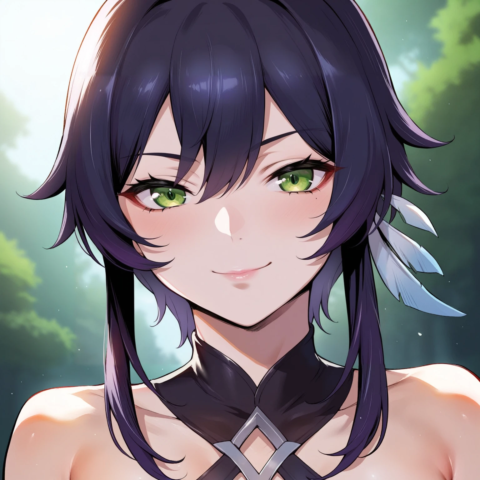 source_anime, rating_explicit, score_9, score_8_up, score_7_up, goth, gothic, short_hair, looking at viewer, lumine, goth girl, ikuchan, smirk, green eyes, portrait face, face focus, face only, detailed, high quality, genshin impact, forest, outdoors, night, nighttime, moonlight