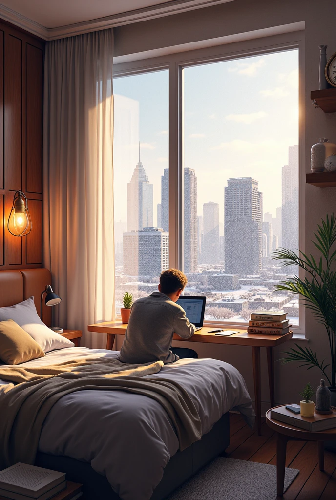 Super high bedroom apartment pov of desk laptop studying books and bedroom and weather snowy but a little sunyy bigger bed