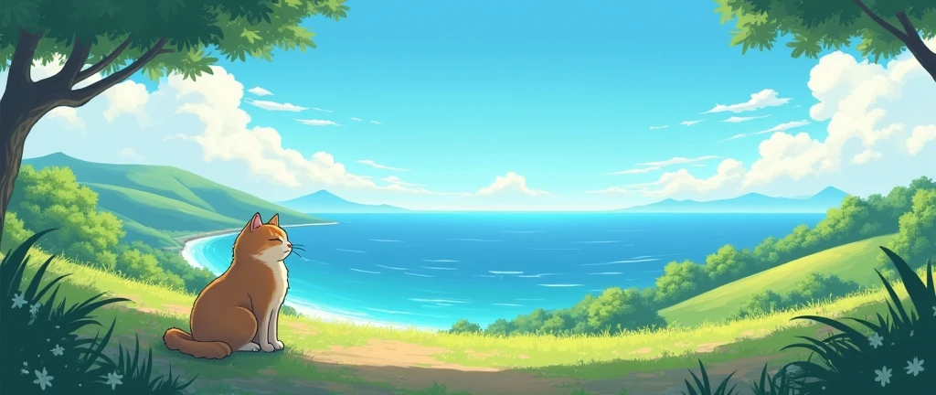 Cat, Cozy , Anime ,Lofi ,Ultrawide , Ghibli vibes , Wide view ,Sea ,landscape
