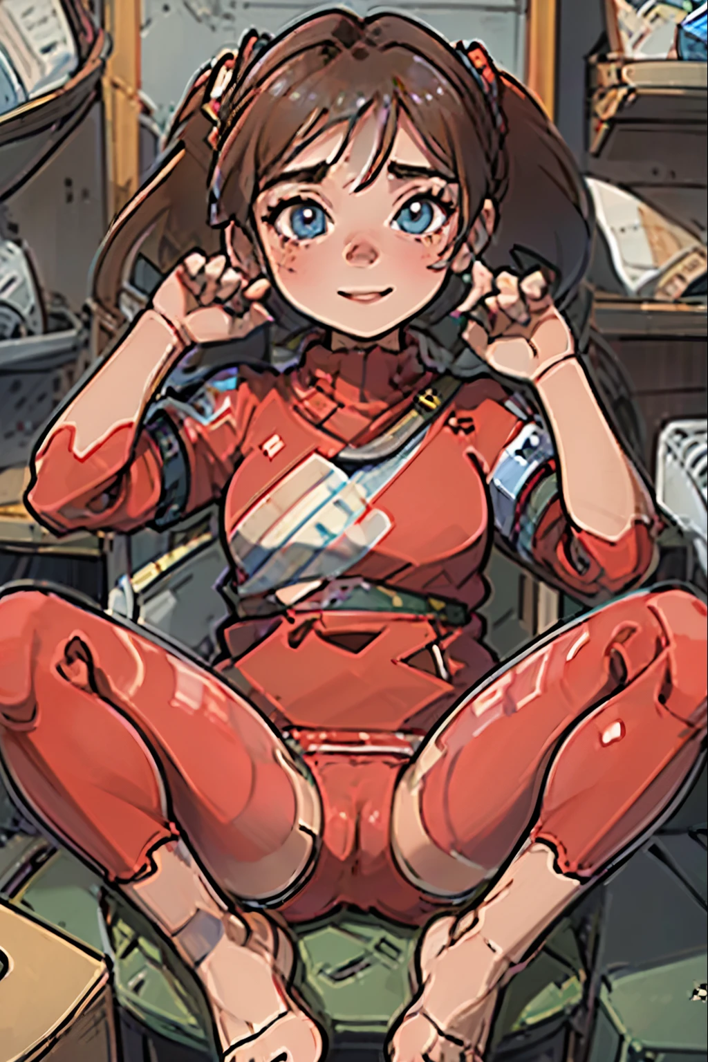 android, beautiful robot. android with blue eyes. Her short brown short pigtails are very short and tied with two big red clothespins, joint seam, black eyes, full body figure, Height: 160cm, She wears only micro mini pantie, show pantie, Uplifting, 21th century japan animation, she wares nothing. She is inserted penis by invisible man. she smiles purely. She is barefoot. She is dakimakura.