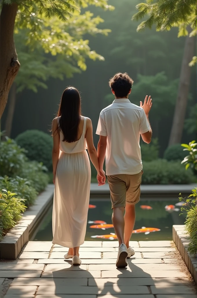 photorealistic, taken with the best professional camera, walking towards and waving to the camera, tall athletic Mexican young man, shoulder length hair, and beautiful young Asian woman, her hair is very straight and long ( they wear simple casual clothing), walking in a zen garden, pond with coy fish
