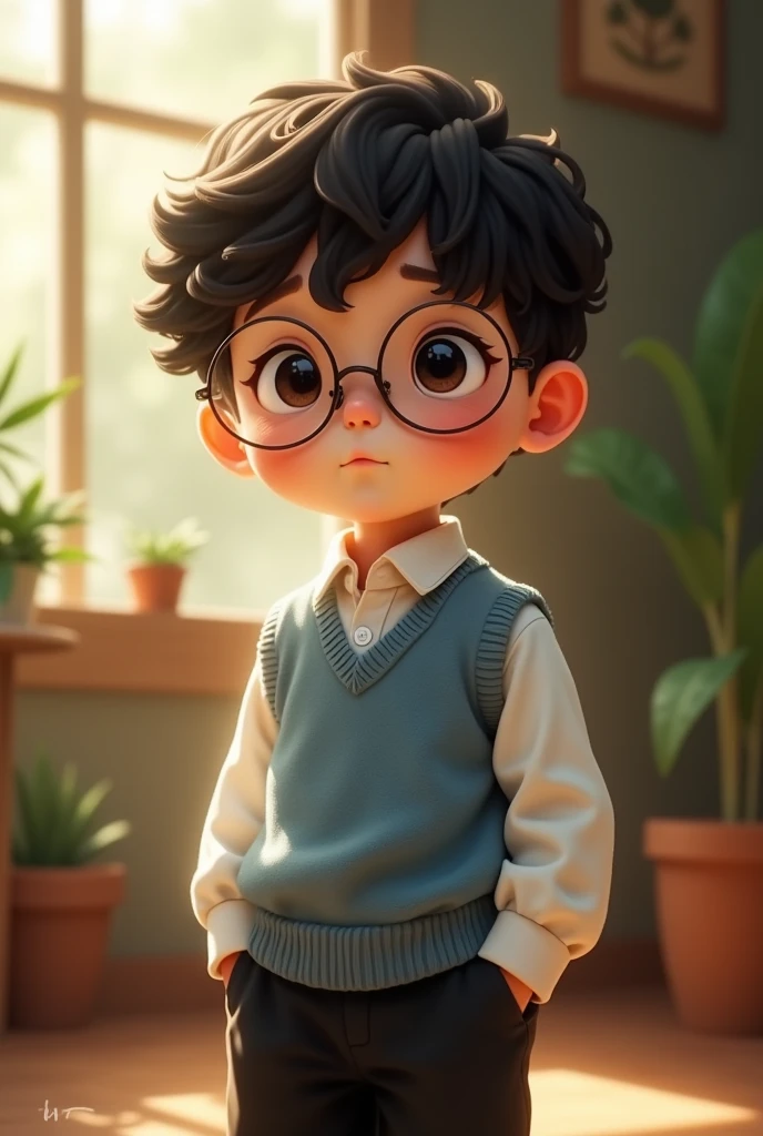 boy, shy, gentle, black curly bangs, black eyes, round glasses, white shirt and light blue wool vest, black wide-leg pants