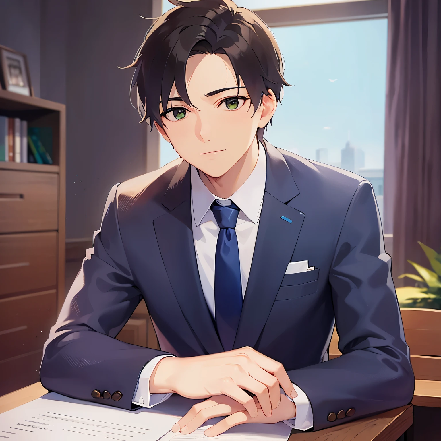 upper body,shiny skin,(looking away:1.5),masterpiece,Highest quality,(Male 2:1.5) and (Brown short hair) and (Green Eyes), (Wearing a suit:1.3) and (Blue tie),smile,The background is in front of my desk at work,(Alone:1.5),leaning forward