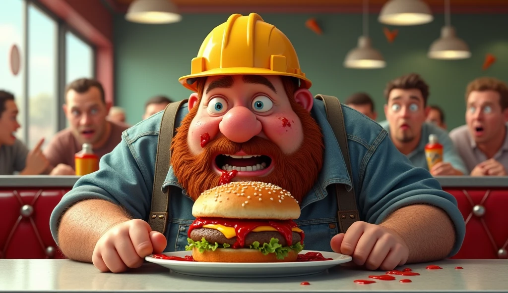 a very fat man, with construction helmet, he is sitting in a diner with a big hamburger on his plate, he's wide-eyed, he has a medium red beard, (shrug:2.0), his face and nose are smeared with ketchup and mustard, people are outraged behind him